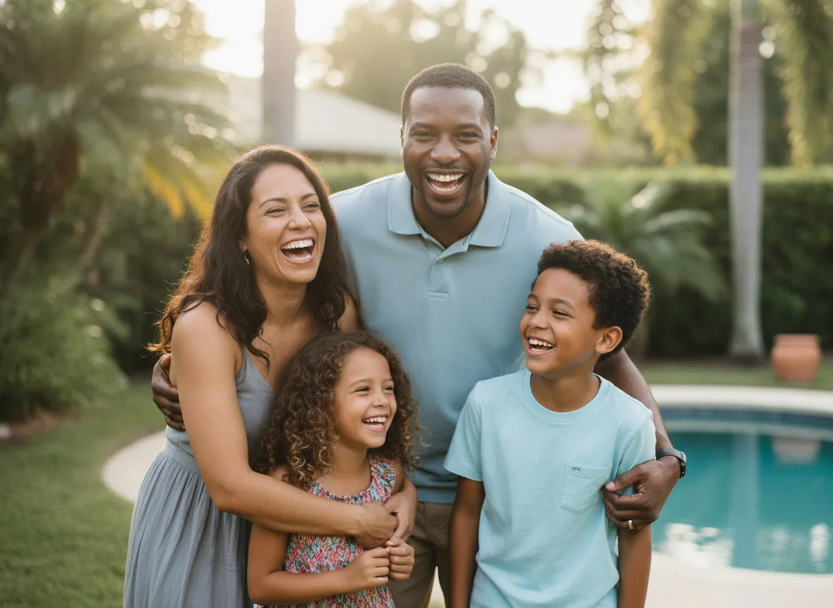 A family smiling together in their backyard