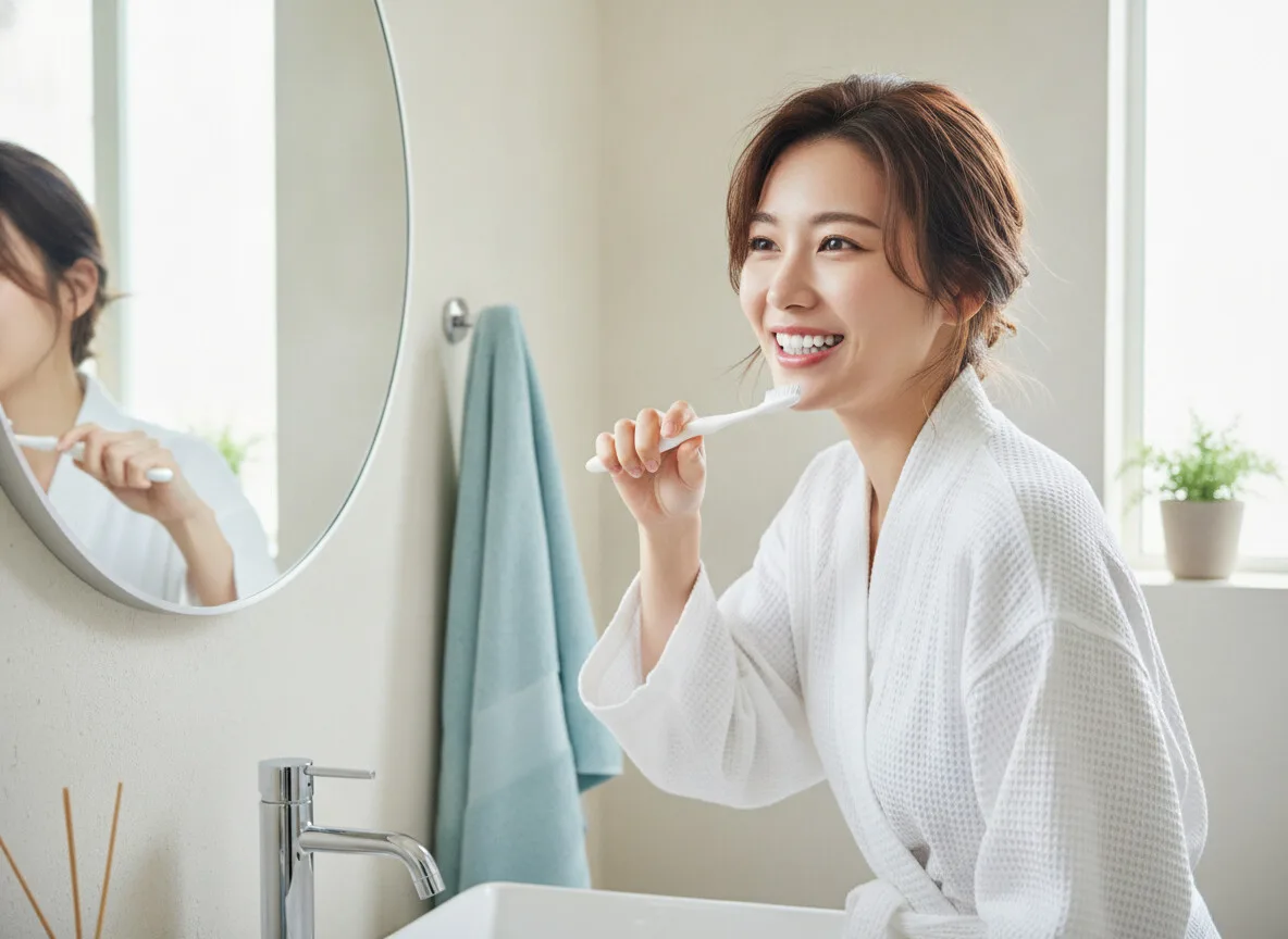 A woman brushing her teeth at home in the morning