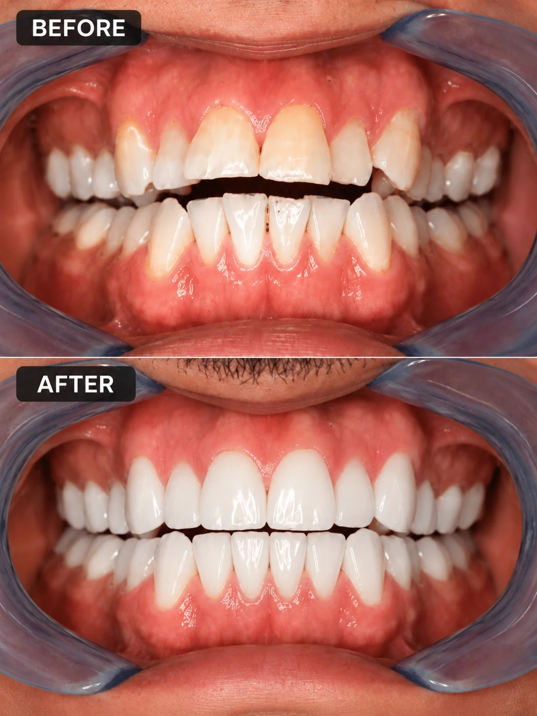 Before-and-after front view of the upper and lower teeth with cheek retractors
